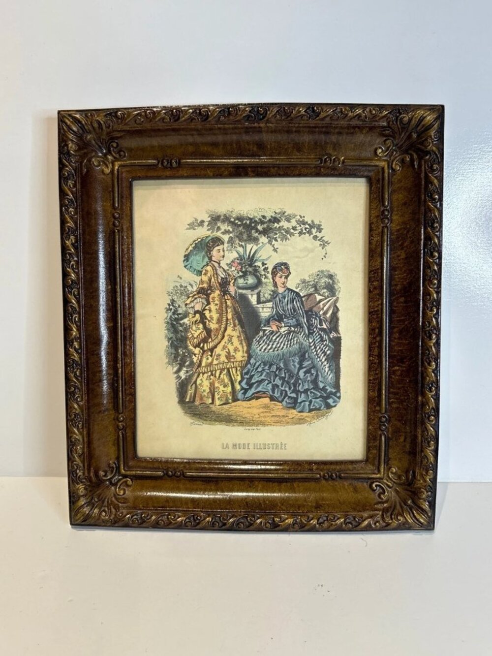 Framed vintage "La Mode Illustree" picture yellow dress & Blue Dress